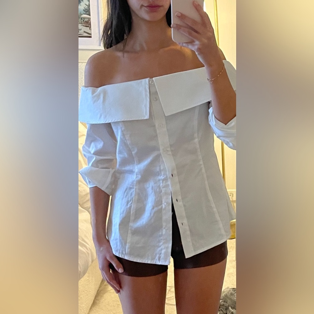Women's White Button-Down Shirt with Oversized Collar